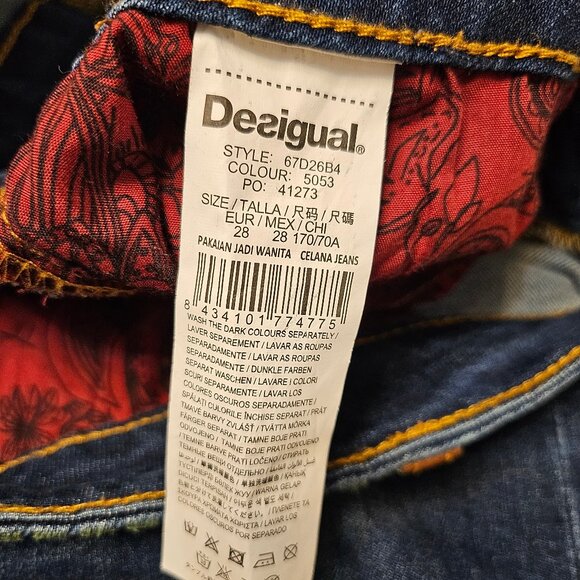 Desigual Blue Straight-Leg Jeans with Colorful Embroidered Patches - Picture 9 of 13